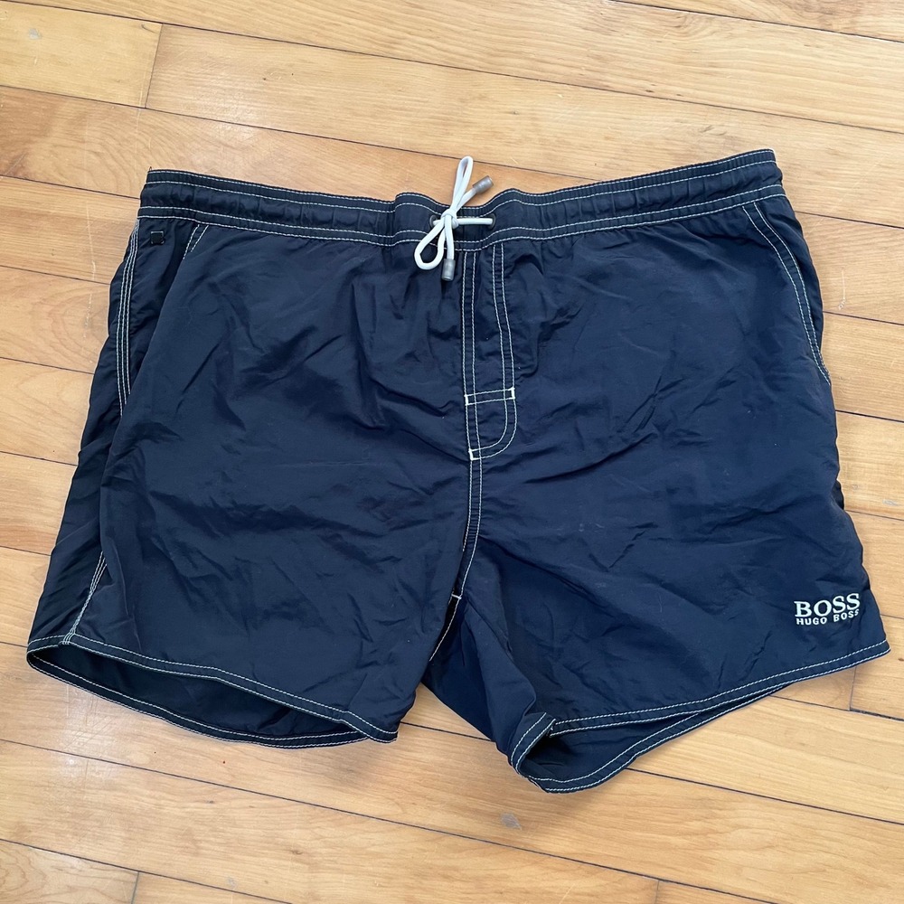 Hugo Boss Mens Navy Blue Contrast Stitch Swim Trunks Size Small Logo Shorts